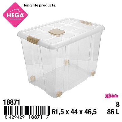 [148973] CAJA Nº8 NEW BOX TRANSPARENTE CON CIERRES ANTIPOLILLA Y RUEDAS BEIGE 86 LTS