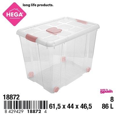 [148974] CAJA Nº8 NEW BOX TRANSPARENTE CON CIERRES ANTIPOLILLA Y RUEDAS ROSA 86 LTS