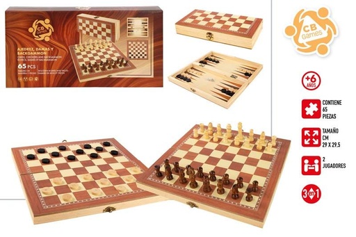 Ajedrez, Damas y Backgammon Madera 65 PZAS + 6 Años