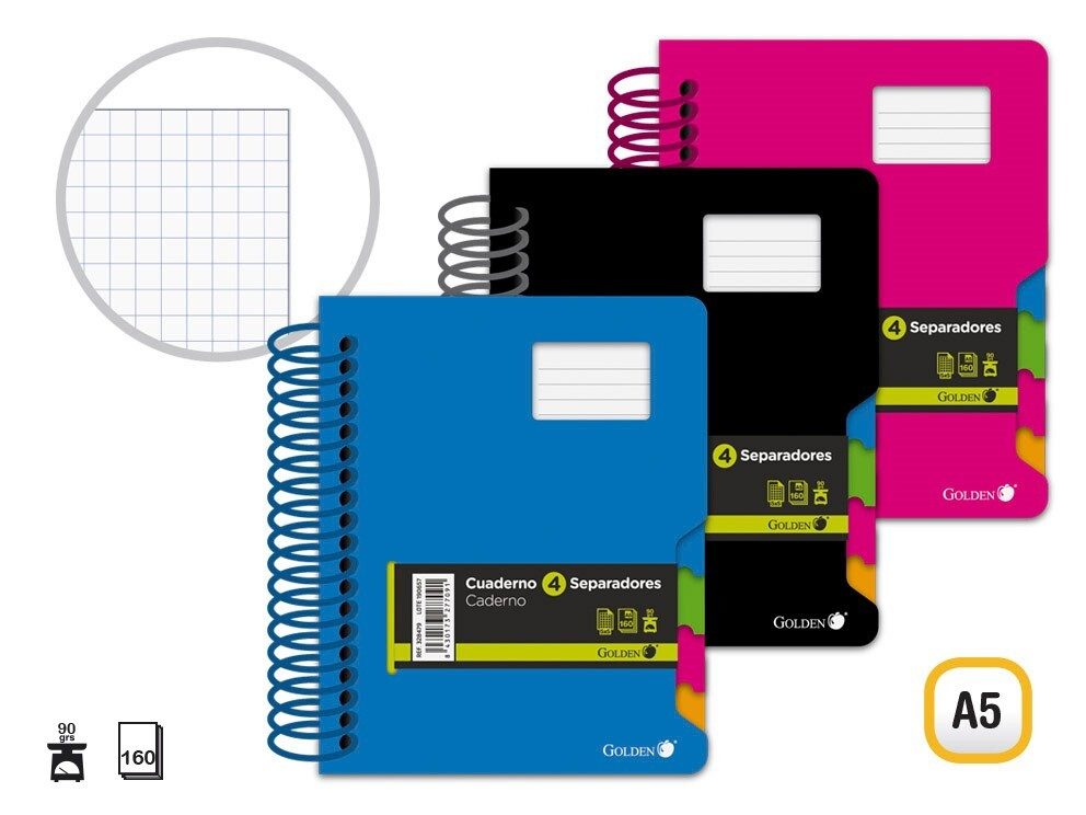 [143724] GOLDEN CUADERNO TAPA POLIPROPILENO CON SEPARADORES A5 90 GRS 160 HOJAS