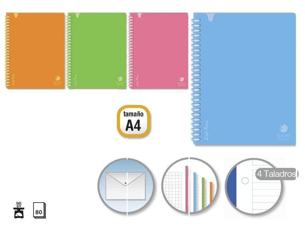 [143746] CUADERNO SOFT RING T.POLIPROPILENO A4 80 HOJAS 90 GRS 5 X 5 MM GOLDEN