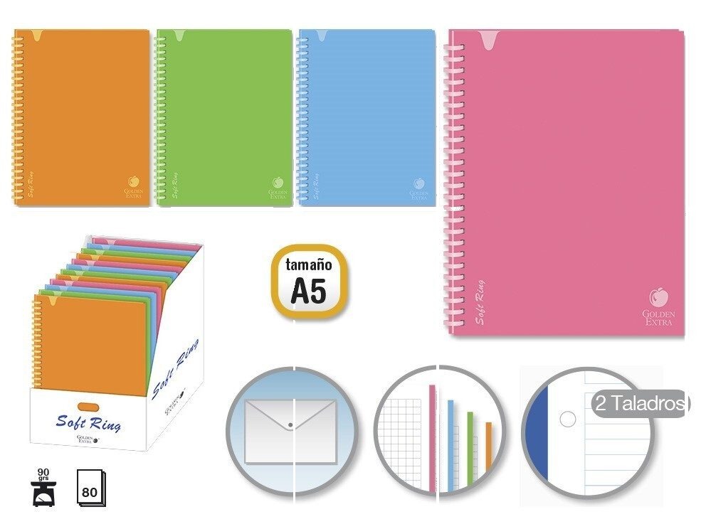 [143747] CUADERNO SOFT RING T.POLIPROPILENO A5 80 HOJAS 80 GRS 5 X 5 MM GOLDEN