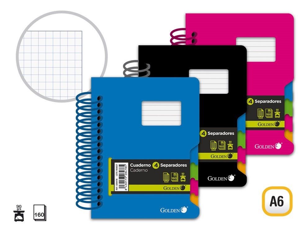 [151692] GOLDEN CUADERNO TAPA POLIPROPILENO A6 4 SEPARADORES 90 GRS 160 HOJAS