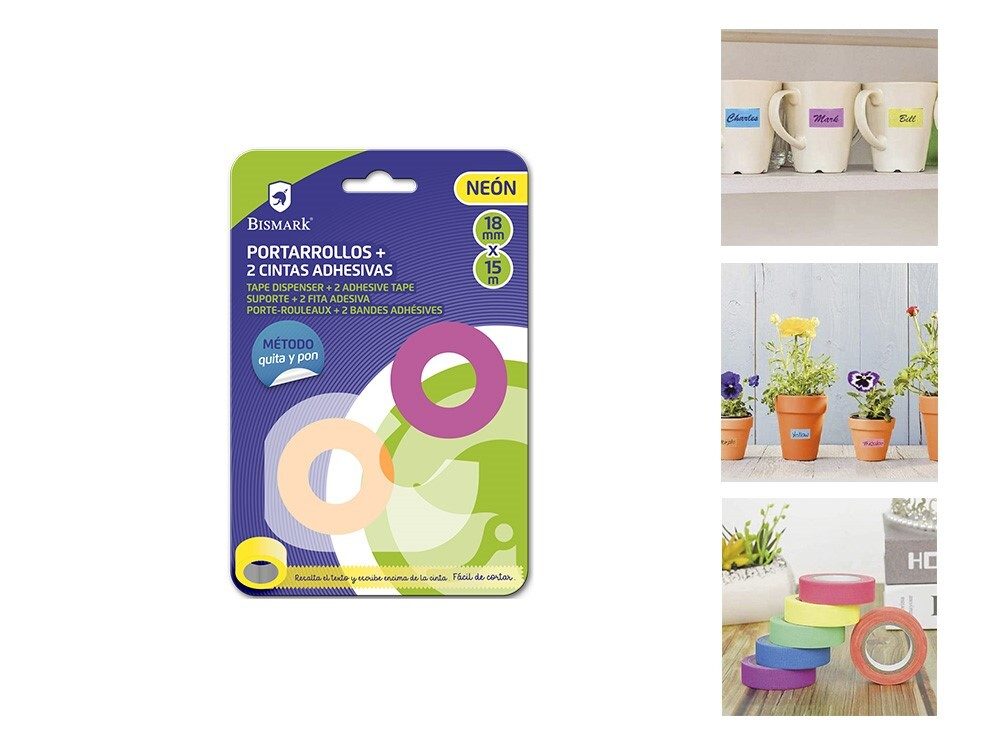 [151695] PORTARROLLOS 2 CINTAS ADHESIVAS NEON 18 MM X 15 MTS BISMARK